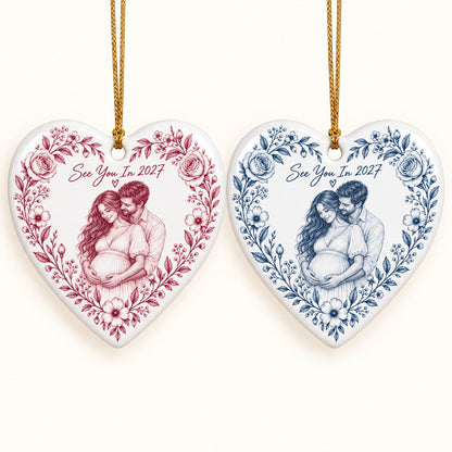 Custom Photo Pencil Sketch Ceramic Heart Ornament - Expecting Baby Christmas Ornament Personalized Ornament Gift — options