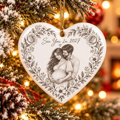 Custom Photo Pencil Sketch Ceramic Heart Ornament - Expecting Baby Christmas Ornament Personalized Ornament Gift — lifestyle