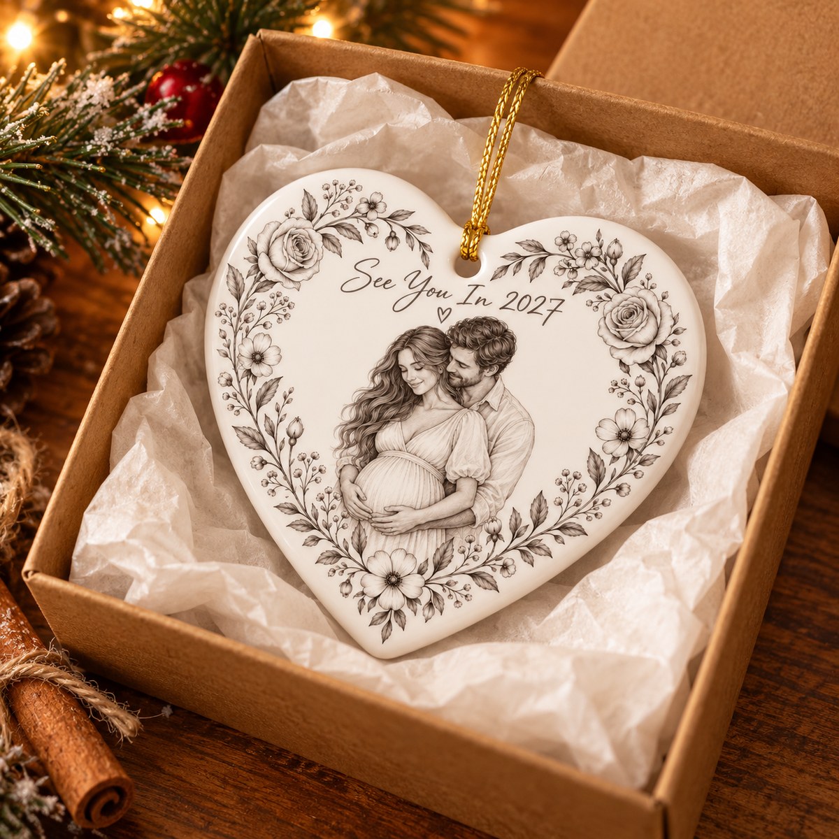 Custom Photo Pencil Sketch Ceramic Heart Ornament - Expecting Baby Christmas Ornament Personalized Ornament Gift — gift