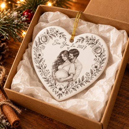 Custom Photo Pencil Sketch Ceramic Heart Ornament - Expecting Baby Christmas Ornament Personalized Ornament Gift — gift