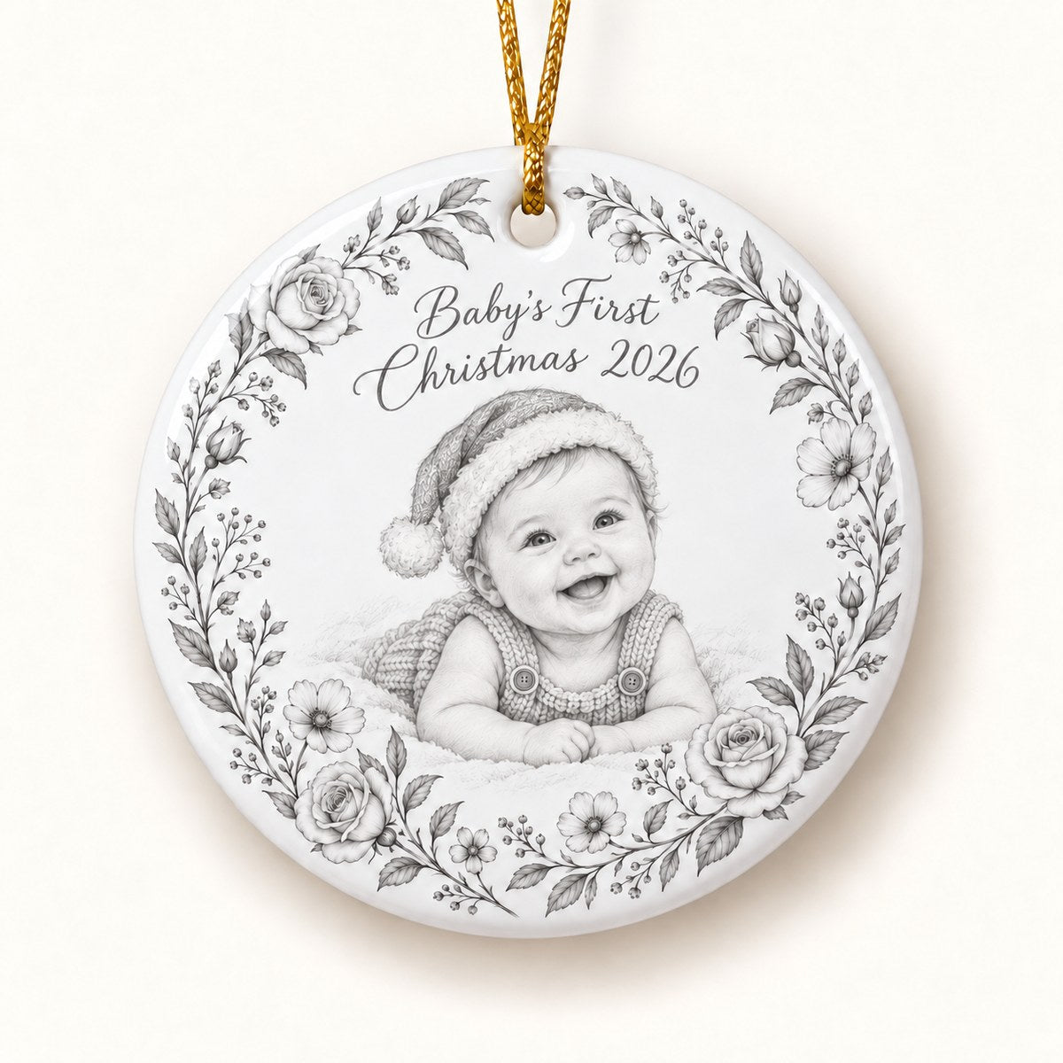 Custom Photo Pencil Sketch Ceramic Ornament - Baby's First Christmas Ornament Personalized Ornament Gift — hero