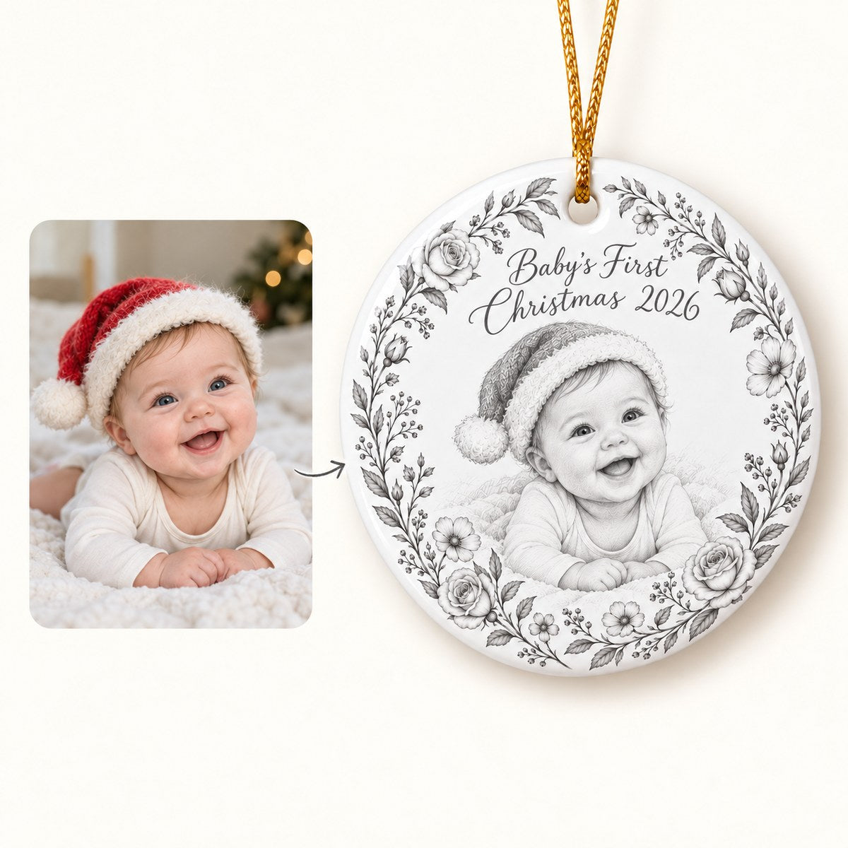 Custom Photo Pencil Sketch Ceramic Ornament - Baby's First Christmas Ornament Personalized Ornament Gift — how it works