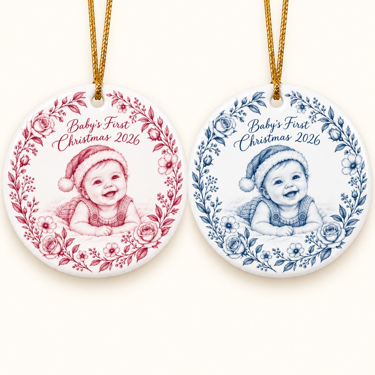 Custom Photo Pencil Sketch Ceramic Ornament - Baby's First Christmas Ornament Personalized Ornament Gift — options