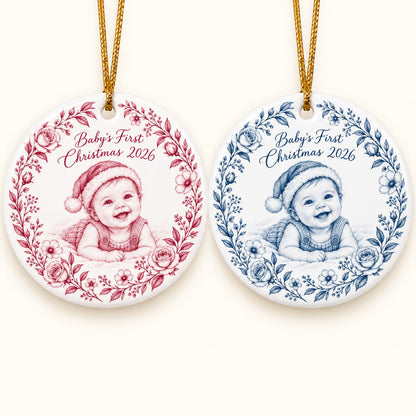 Custom Photo Pencil Sketch Ceramic Ornament - Baby's First Christmas Ornament Personalized Ornament Gift — options