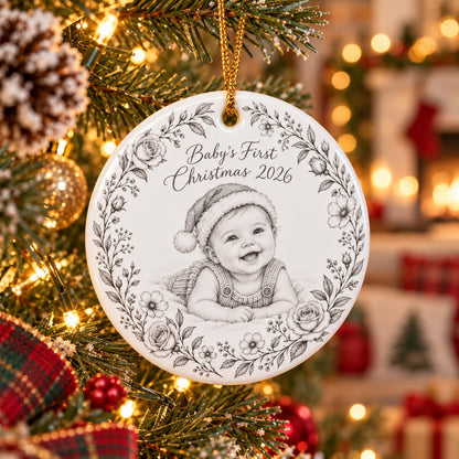 Custom Photo Pencil Sketch Ceramic Ornament - Baby's First Christmas Ornament Personalized Ornament Gift — lifestyle