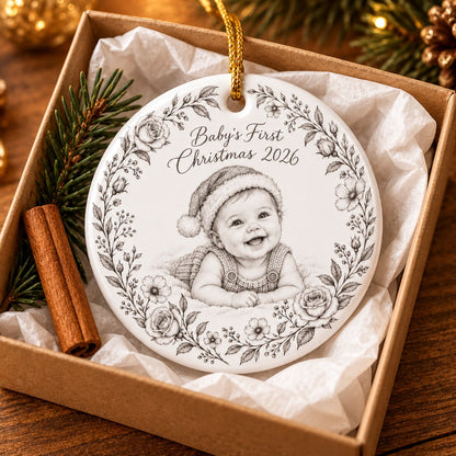 Custom Photo Pencil Sketch Ceramic Ornament - Baby's First Christmas Ornament Personalized Ornament Gift — gift