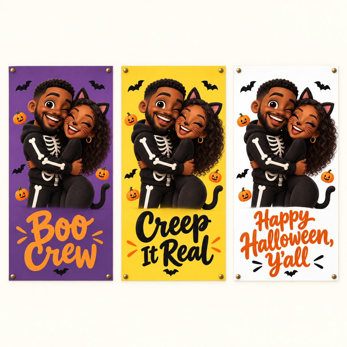 Three background colors and quotes on Halloween caricature poster