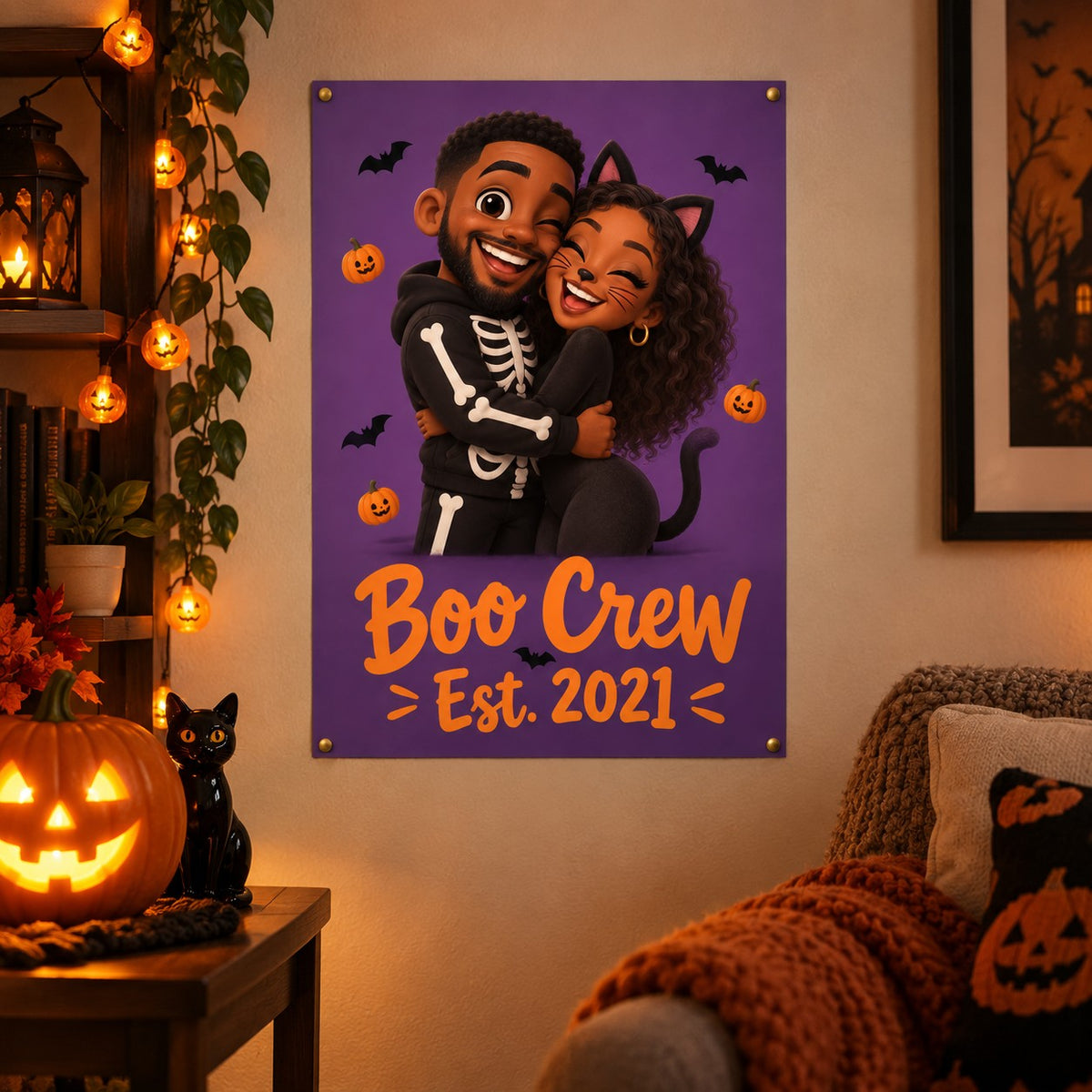 Halloween caricature poster in a decorated living room