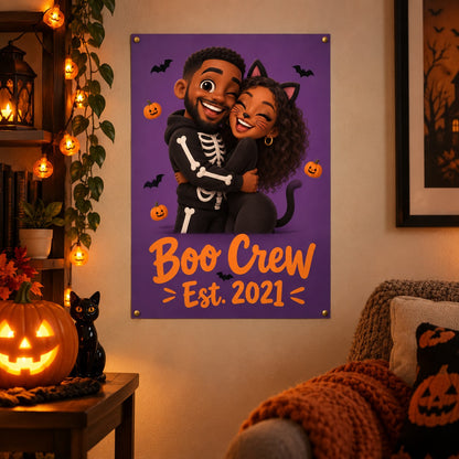 Halloween caricature poster in a decorated living room