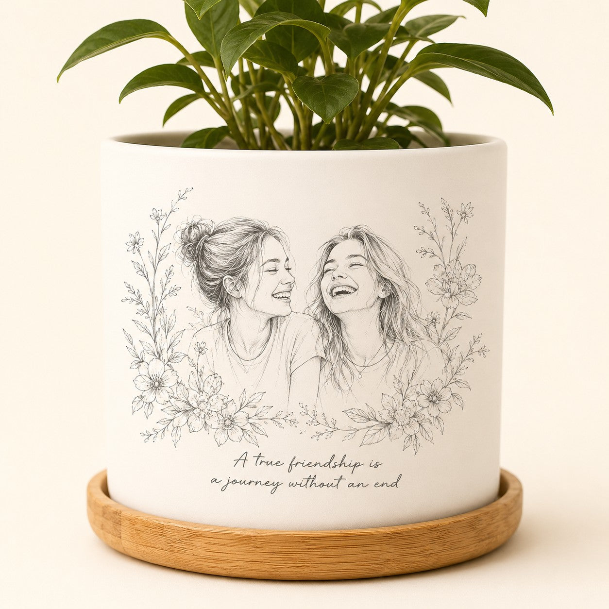 Custom photo pencil sketch ceramic plant pot with bamboo tray