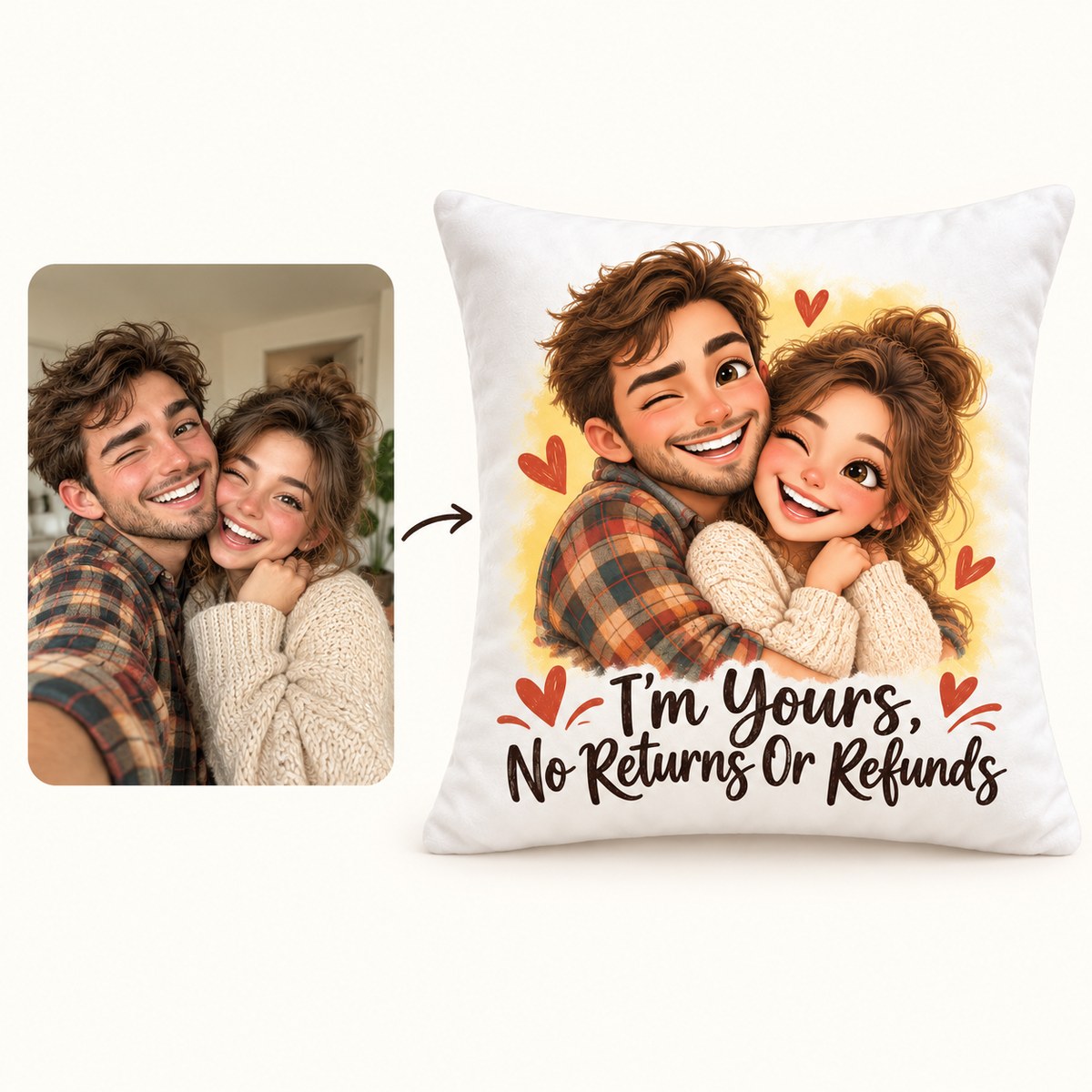 Custom Photo Caricature Portrait Throw Pillow Cover - Funny Couple Personalized Pillow Gift — how it works