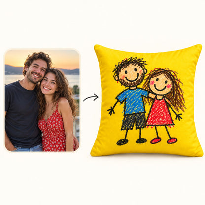 Custom Photo Doodle Portrait Throw Pillow Cover - Kid-Style Drawing Couple Personalized Pillow Gift — how it works