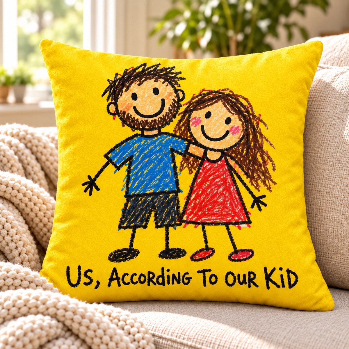 Custom Photo Doodle Portrait Throw Pillow Cover - Kid-Style Drawing Couple Personalized Pillow Gift — lifestyle