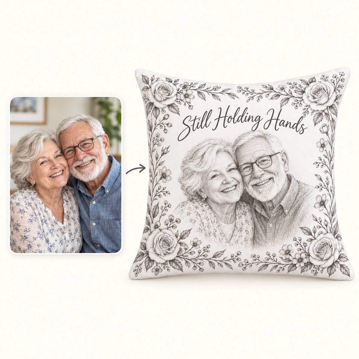 Custom Photo Pencil Sketch Throw Pillow Cover - Grandparents Portrait Gift Personalized Pillow Gift — how it works