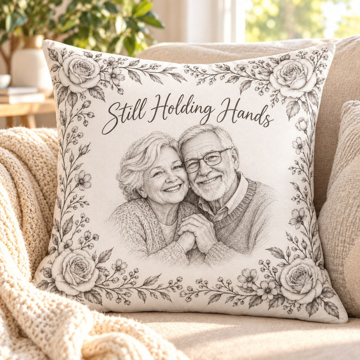 Custom Photo Pencil Sketch Throw Pillow Cover - Grandparents Portrait Gift Personalized Pillow Gift — lifestyle