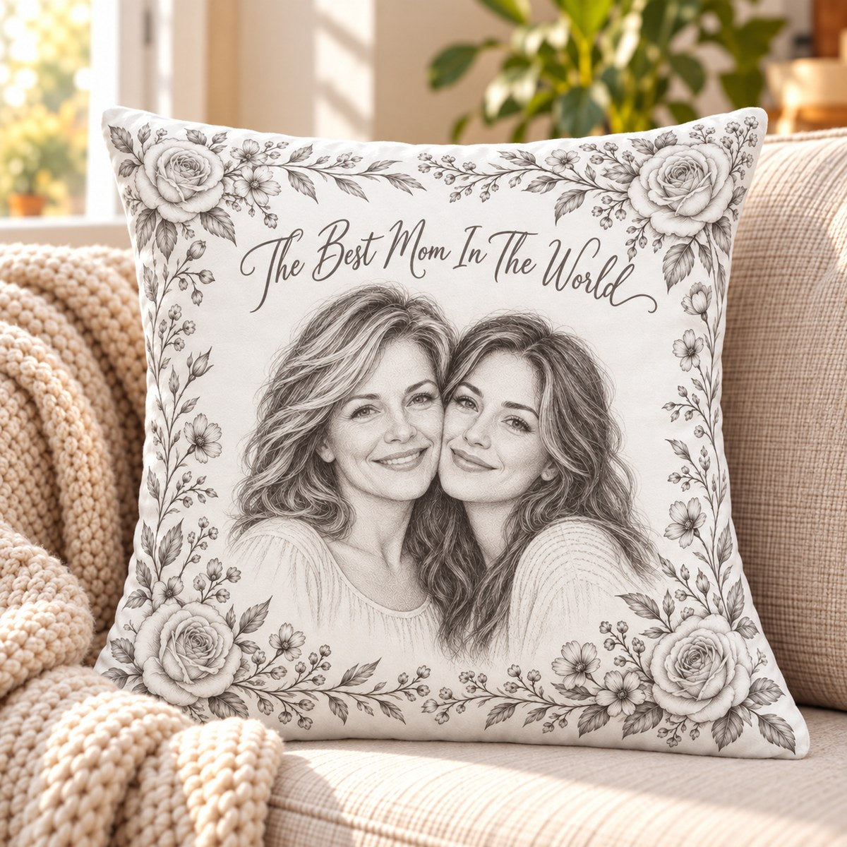 Custom Photo Watercolor Best Mom Gift, Portrait Throw Pillow Cover - Personalized Pillow Gift For Dog & Cat Lovers — lifestyle