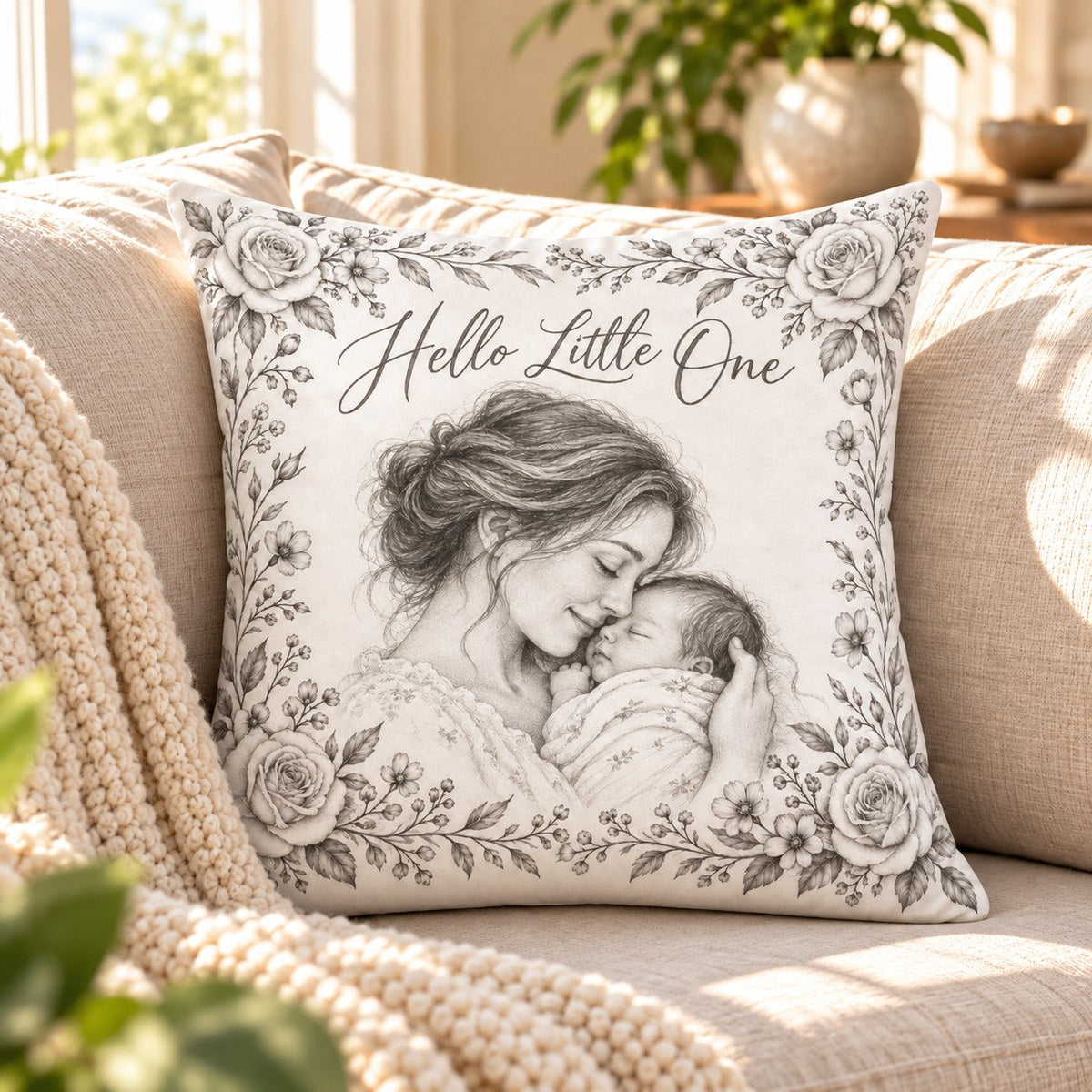 Custom Photo Pencil Sketch Throw Pillow Cover - New Baby Gift Personalized Pillow Gift — lifestyle