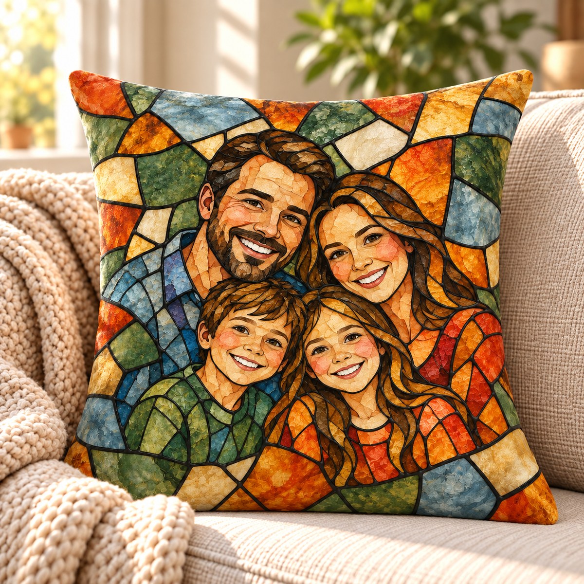 Custom Photo Watercolor Family Mom Grandma Portrait Throw Pillow Cover - Personalized Pillow Gift For Dog & Cat Lovers — lifestyle