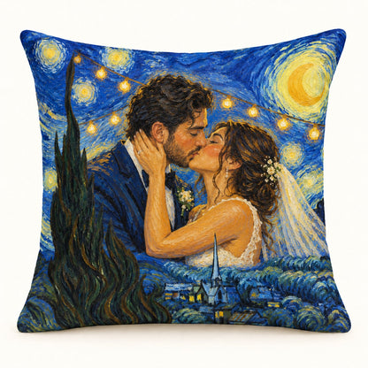 Custom Photo Starry Night Portrait Throw Pillow Cover - Van Gogh Style Wedding Gift Personalized Pillow Gift — hero