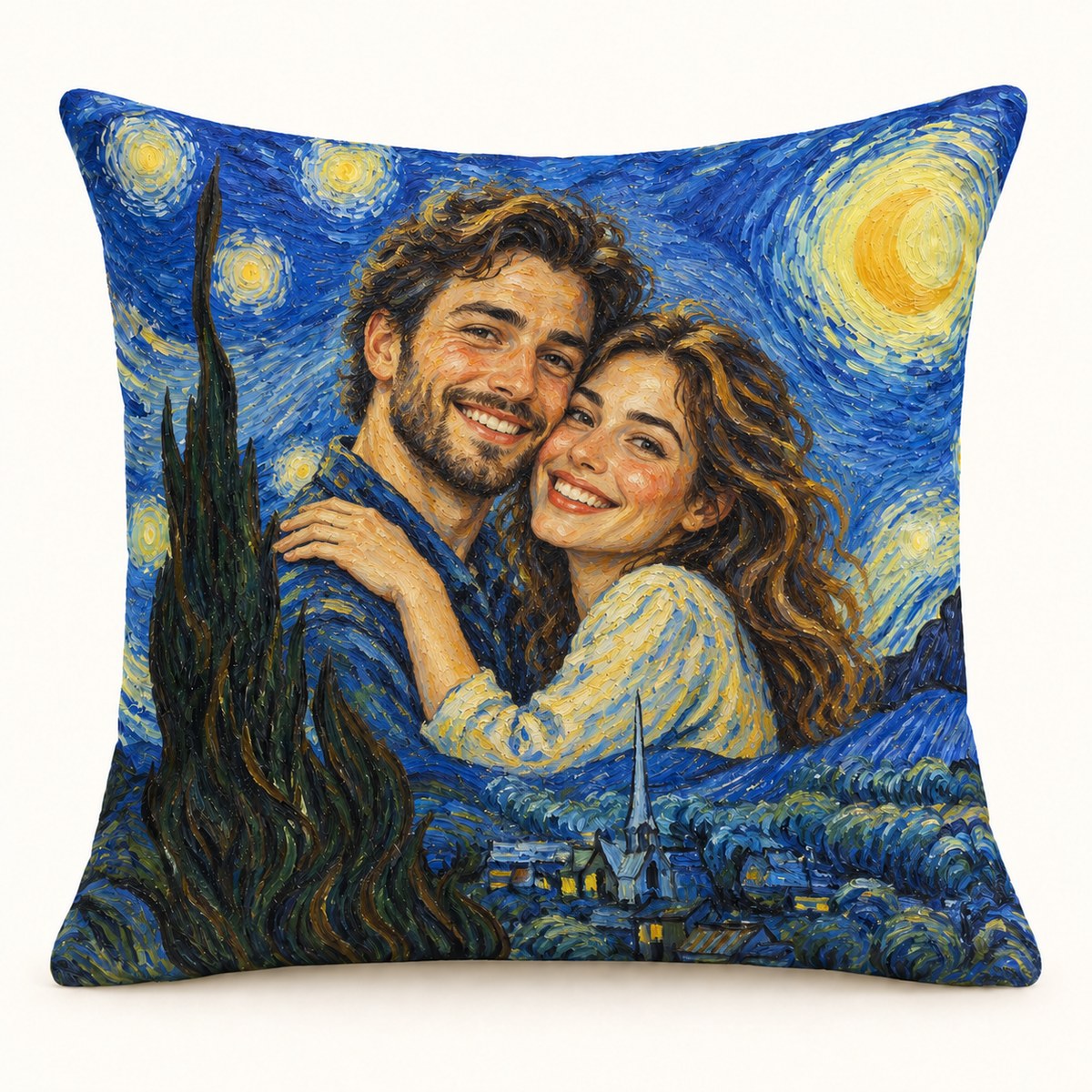 Custom Photo Starry Night Portrait Throw Pillow Cover - Van Gogh Style Couple Anniversary Personalized Pillow Gift — hero