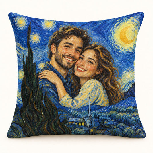Custom Photo Starry Night Portrait Throw Pillow Cover - Van Gogh Style Couple Anniversary Personalized Pillow Gift — hero