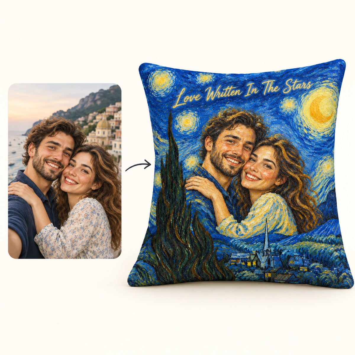 Custom Photo Starry Night Portrait Throw Pillow Cover - Van Gogh Style Couple Anniversary Personalized Pillow Gift — how it works
