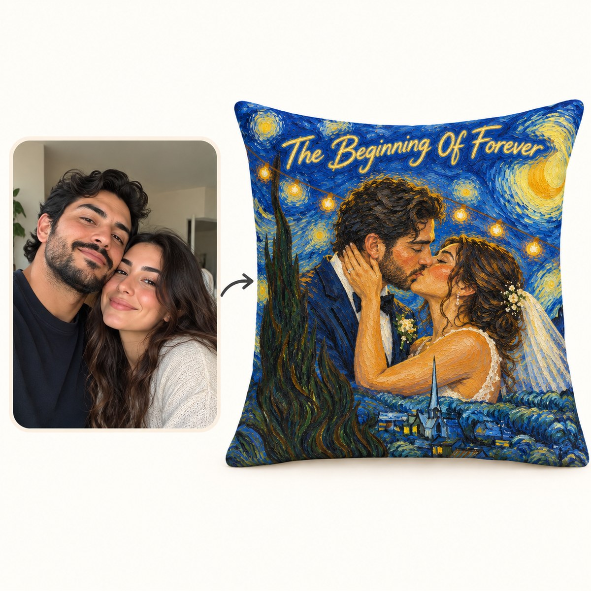 Custom Photo Starry Night Portrait Throw Pillow Cover - Van Gogh Style Wedding Gift Personalized Pillow Gift — how it works