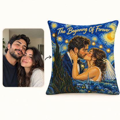 Custom Photo Starry Night Portrait Throw Pillow Cover - Van Gogh Style Wedding Gift Personalized Pillow Gift — how it works