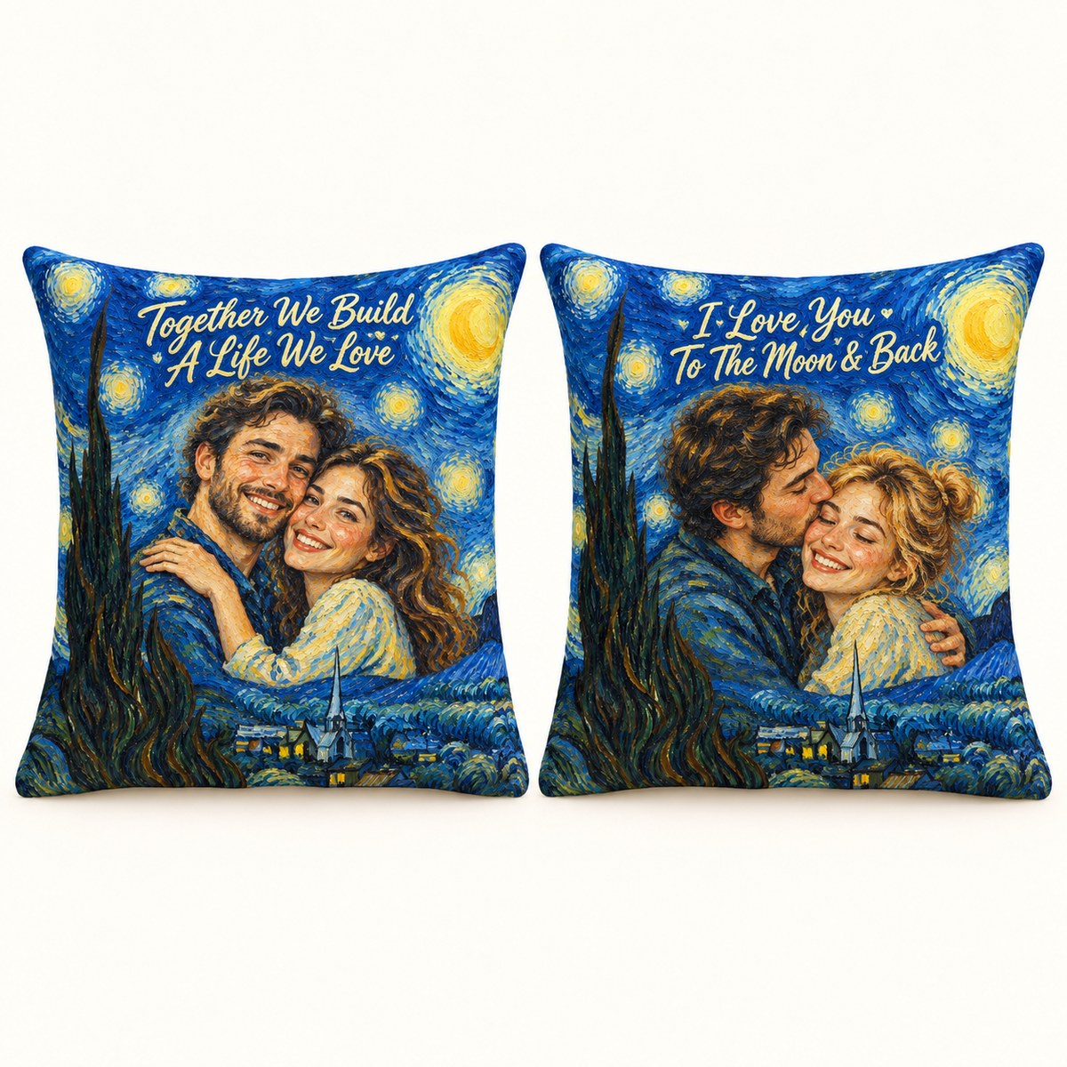 Custom Photo Starry Night Portrait Throw Pillow Cover - Van Gogh Style Couple Anniversary Personalized Pillow Gift — options