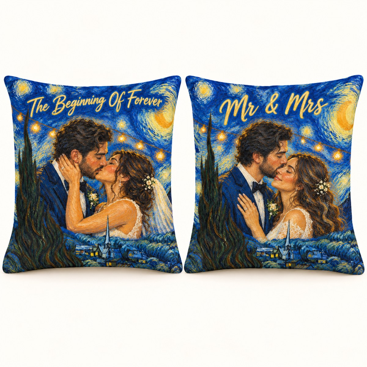 Custom Photo Starry Night Portrait Throw Pillow Cover - Van Gogh Style Wedding Gift Personalized Pillow Gift — options