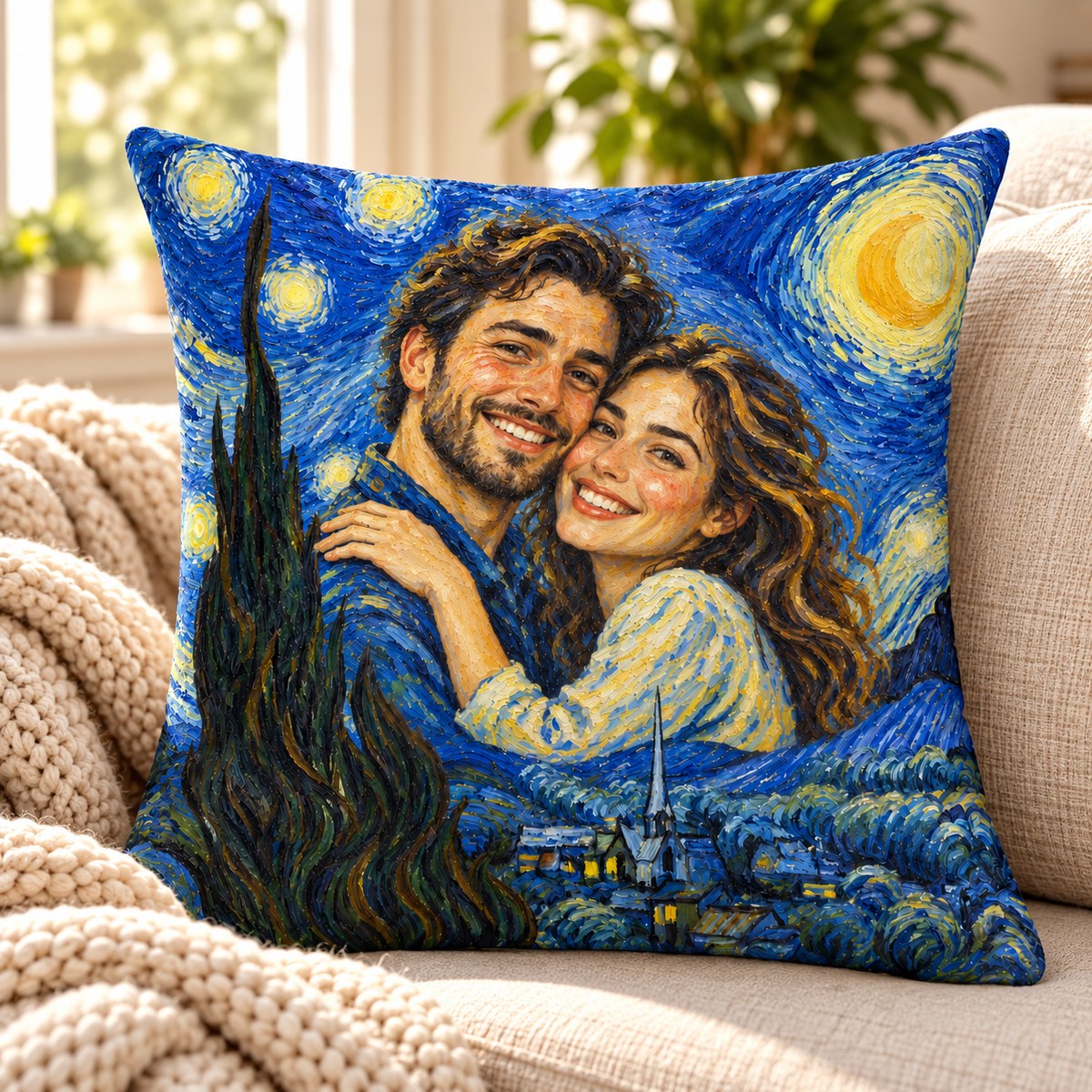 Custom Photo Starry Night Portrait Throw Pillow Cover - Van Gogh Style Couple Anniversary Personalized Pillow Gift — lifestyle
