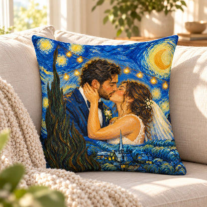 Custom Photo Starry Night Portrait Throw Pillow Cover - Van Gogh Style Wedding Gift Personalized Pillow Gift — lifestyle