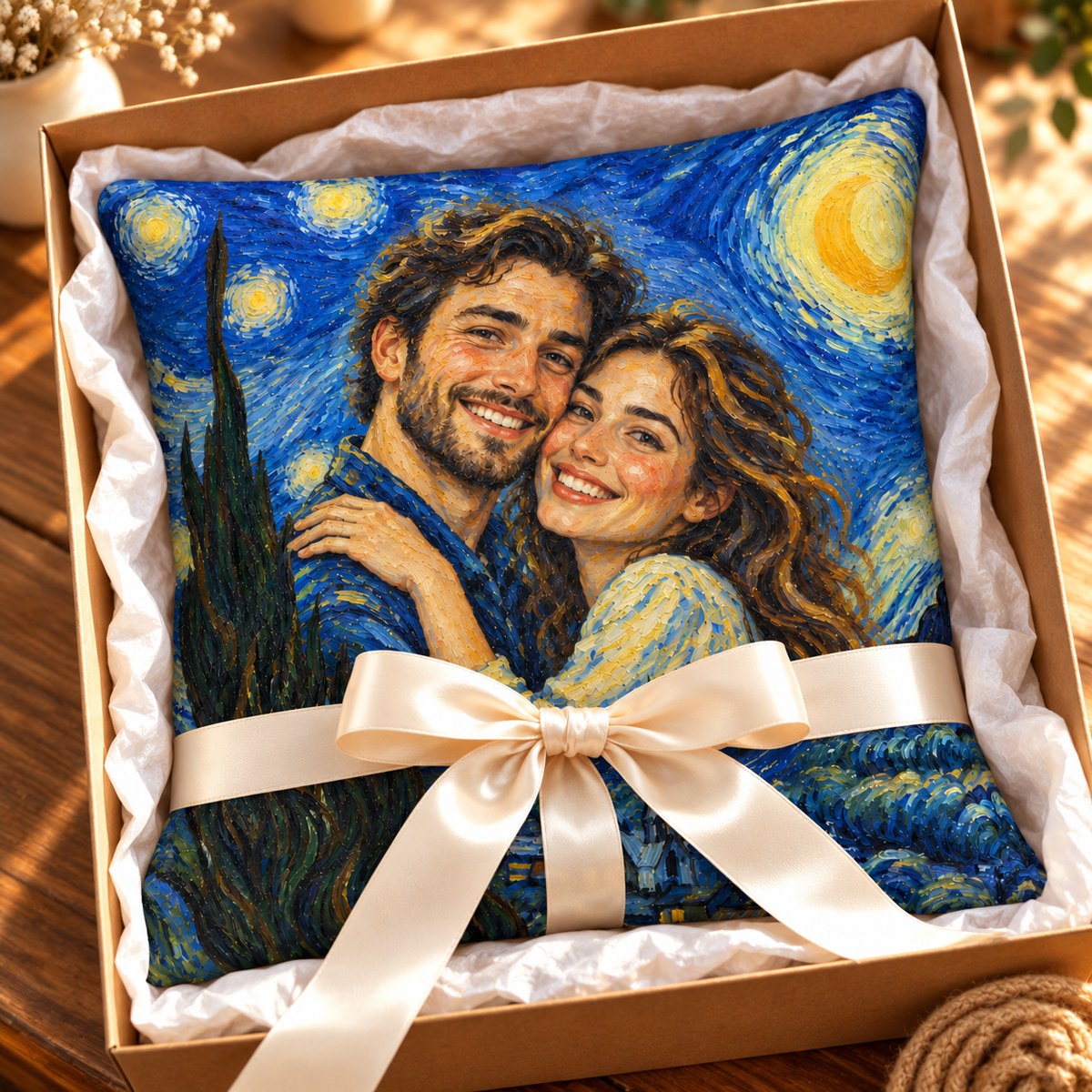 Custom Photo Starry Night Portrait Throw Pillow Cover - Van Gogh Style Couple Anniversary Personalized Pillow Gift — gift