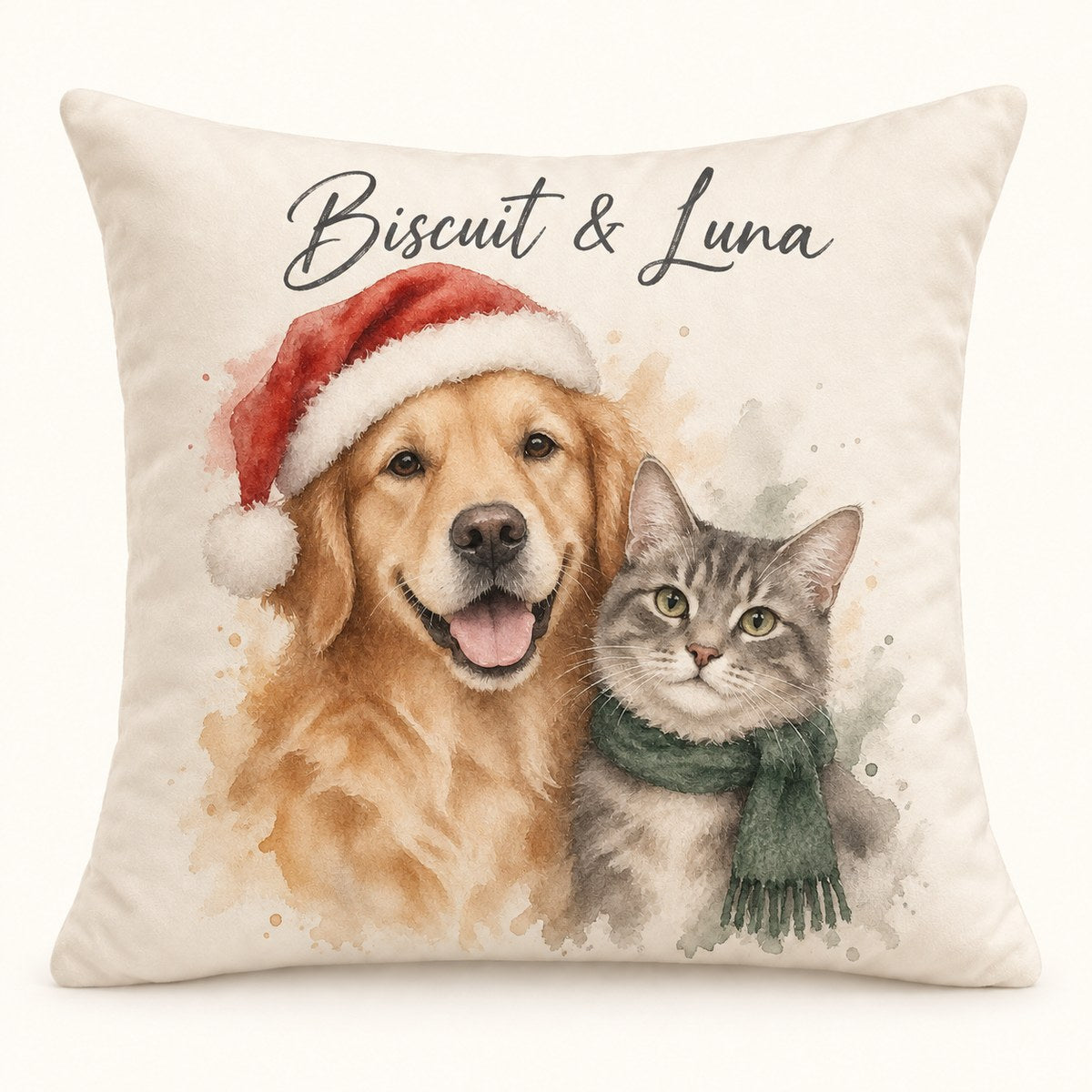 Custom Photo Watercolor Christmas Pet Portrait Throw Pillow Cover - Personalized Pillow Gift For Dog & Cat Lovers — hero