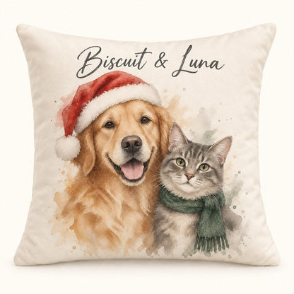 Custom Photo Watercolor Christmas Pet Portrait Throw Pillow Cover - Personalized Pillow Gift For Dog & Cat Lovers — hero