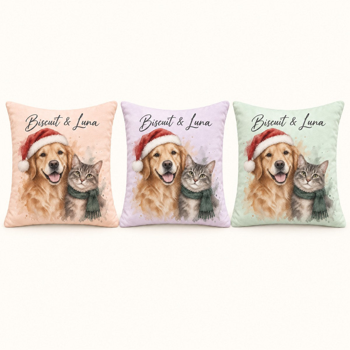 Custom Photo Watercolor Christmas Pet Portrait Throw Pillow Cover - Personalized Pillow Gift For Dog & Cat Lovers — options