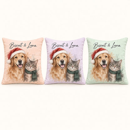 Custom Photo Watercolor Christmas Pet Portrait Throw Pillow Cover - Personalized Pillow Gift For Dog & Cat Lovers — options