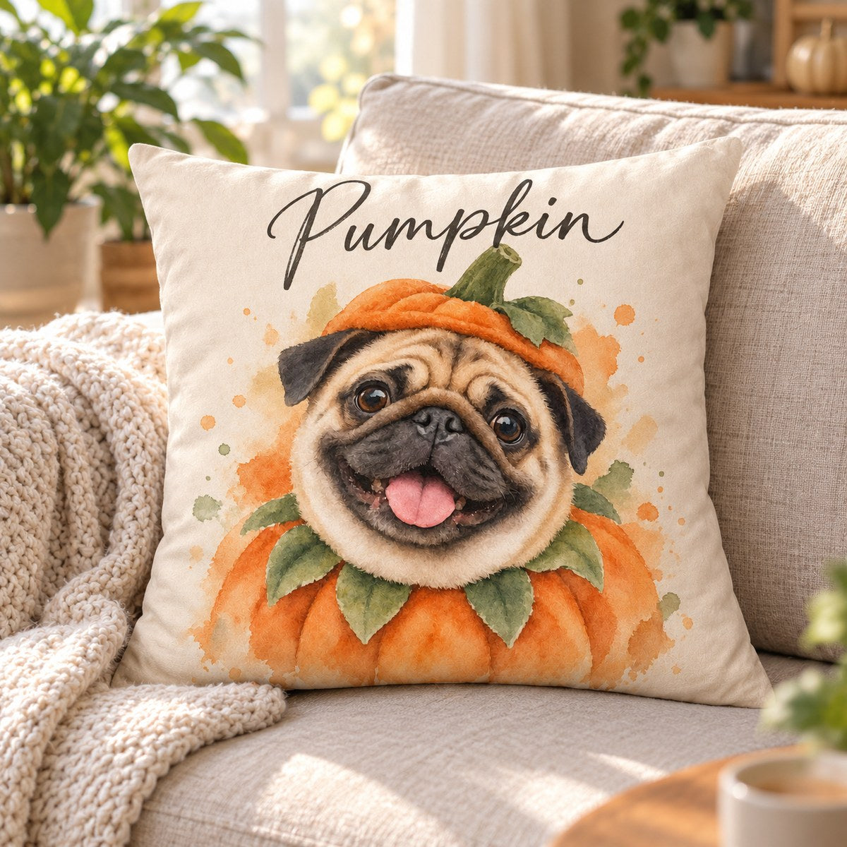 Custom Photo Watercolor Halloween Pet Portrait Throw Pillow Cover - Personalized Pillow Gift For Dog & Cat Lovers — lifestyle