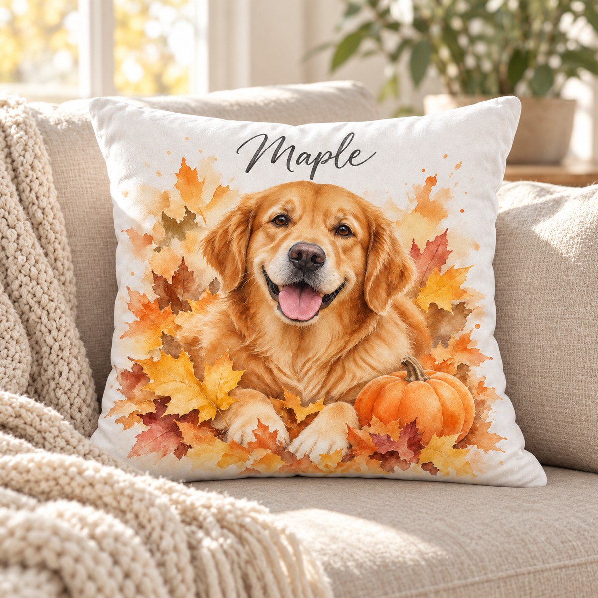 Custom Photo Watercolor Fall Pet Portrait Throw Pillow Cover - Personalized Pillow Gift For Dog & Cat Lovers — lifestyle