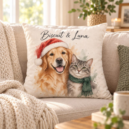 Custom Photo Watercolor Christmas Pet Portrait Throw Pillow Cover - Personalized Pillow Gift For Dog & Cat Lovers — lifestyle