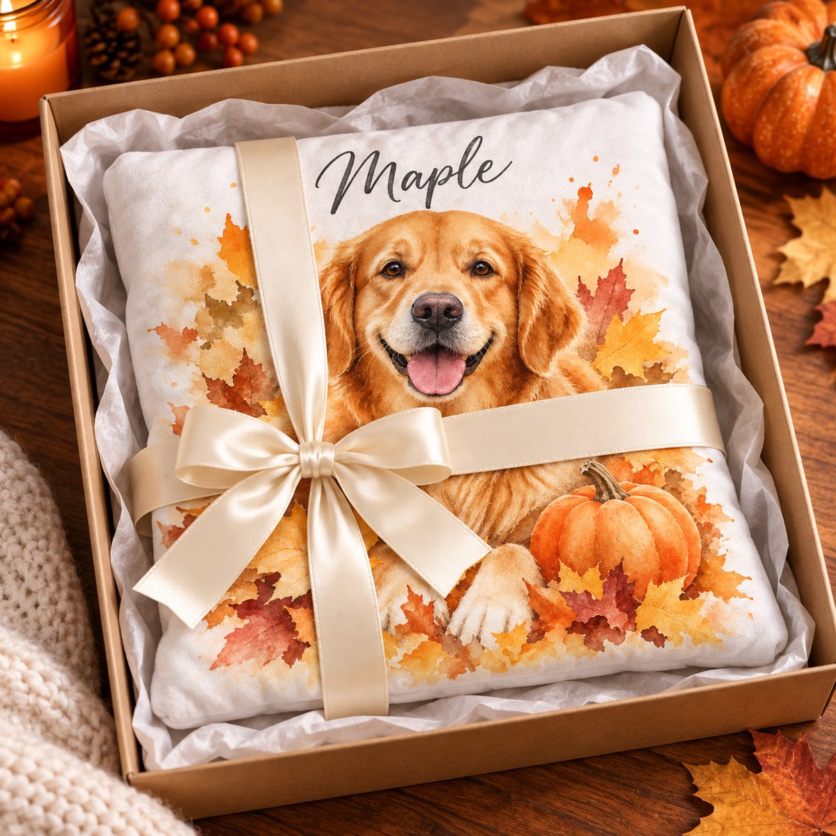 Custom Photo Watercolor Fall Pet Portrait Throw Pillow Cover - Personalized Pillow Gift For Dog & Cat Lovers — gift