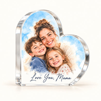Custom Photo Watercolor Portrait Acrylic Heart Plaque - Mom And Kids Heart Plaque Personalized Plaque Gift — hero
