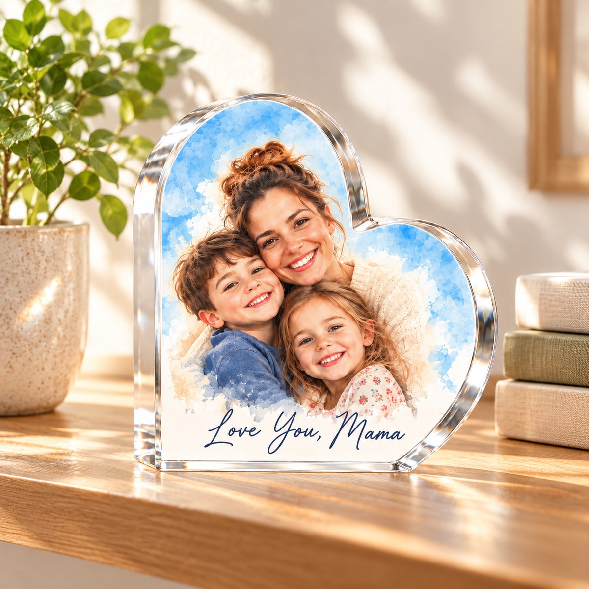 Custom Photo Watercolor Portrait Acrylic Heart Plaque - Mom And Kids Heart Plaque Personalized Plaque Gift — lifestyle