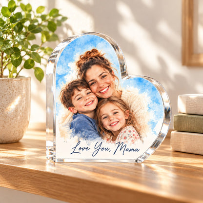 Custom Photo Watercolor Portrait Acrylic Heart Plaque - Mom And Kids Heart Plaque Personalized Plaque Gift — lifestyle