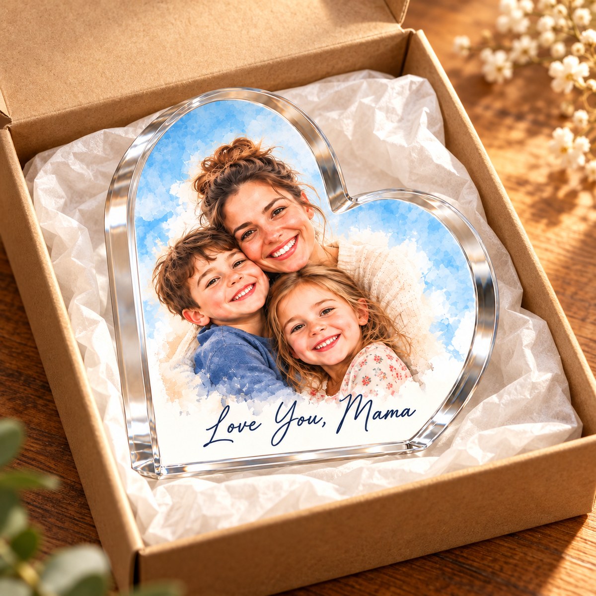 Custom Photo Watercolor Portrait Acrylic Heart Plaque - Mom And Kids Heart Plaque Personalized Plaque Gift — gift