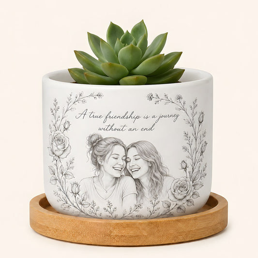 Personalized pencil sketch ceramic plant pot with bamboo tray