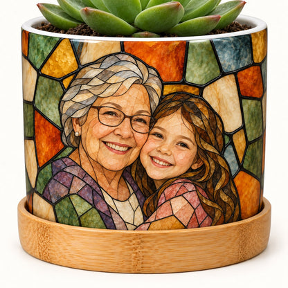 Personalized stained glass portrait ceramic plant pot with bamboo tray