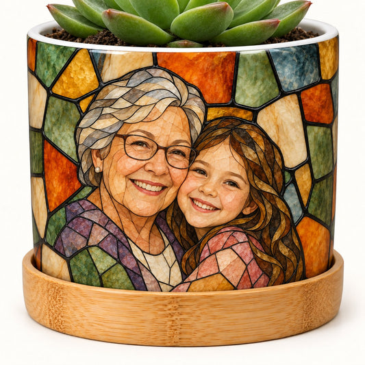 Personalized stained glass portrait ceramic plant pot with bamboo tray