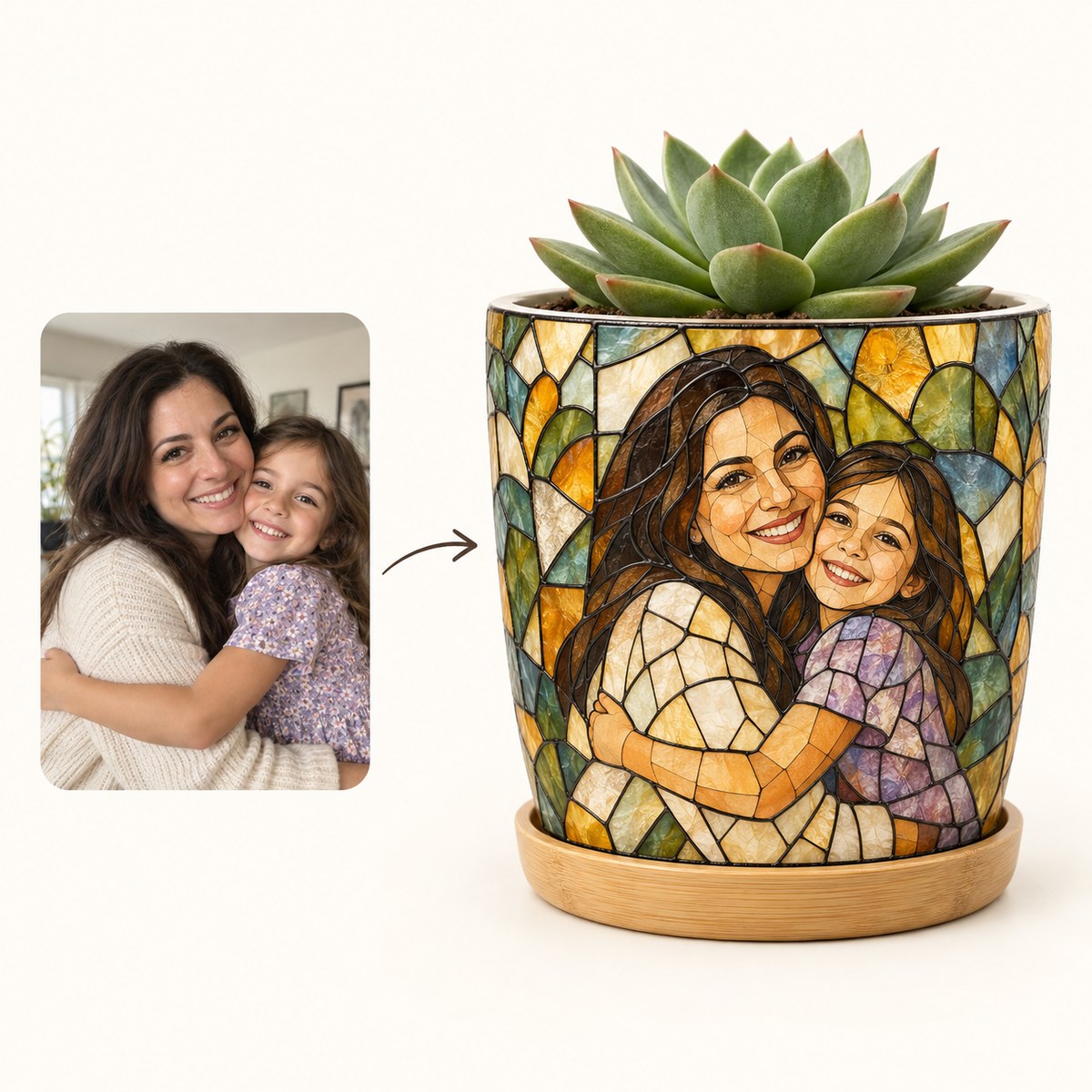 How it works: upload a photo, we set it into stained glass