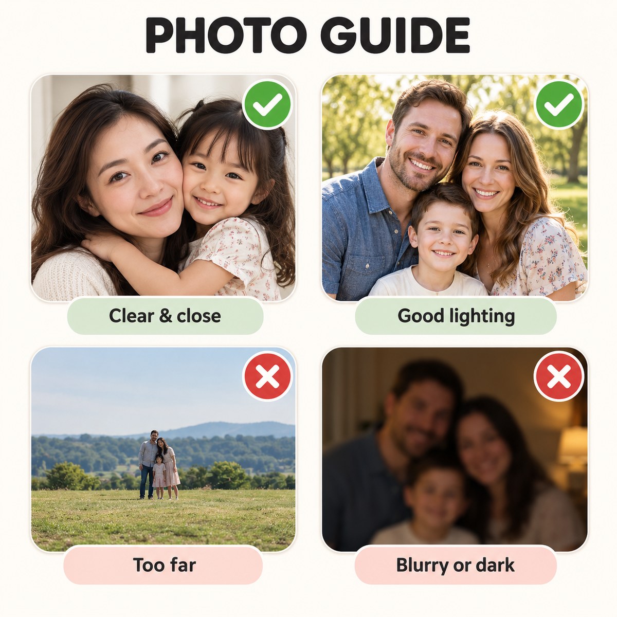 Photo guide: clear, close, well-lit photos work best